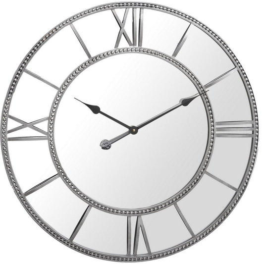 Grey Framed Beaded Mirrored Round Clock