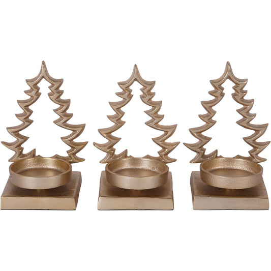 Laura Ashley Set of 3 Festive Aluminium Xmas Tree Gold Tealight Holders