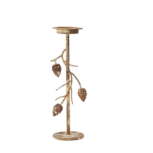 Aurelle Candle Holder with Pinecone Branches Rustic Gold Large