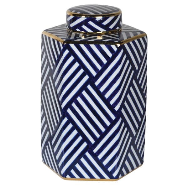 Blue and White Geometric Striped Jar with Lid