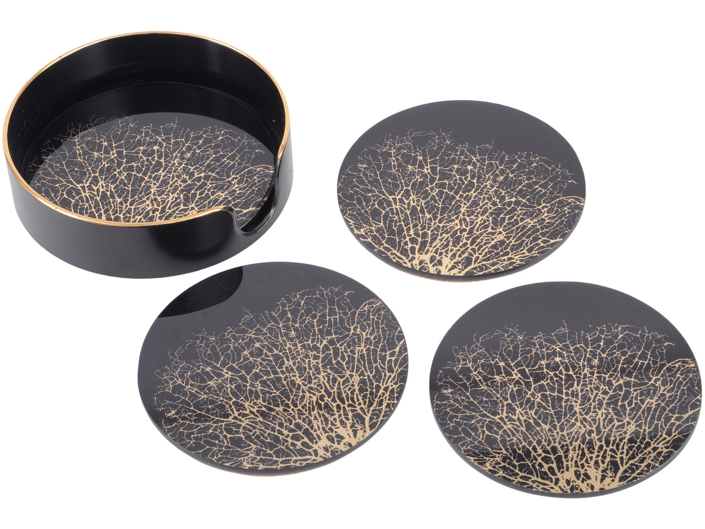 Set Of 4 Coral Design Black And Gold Coasters