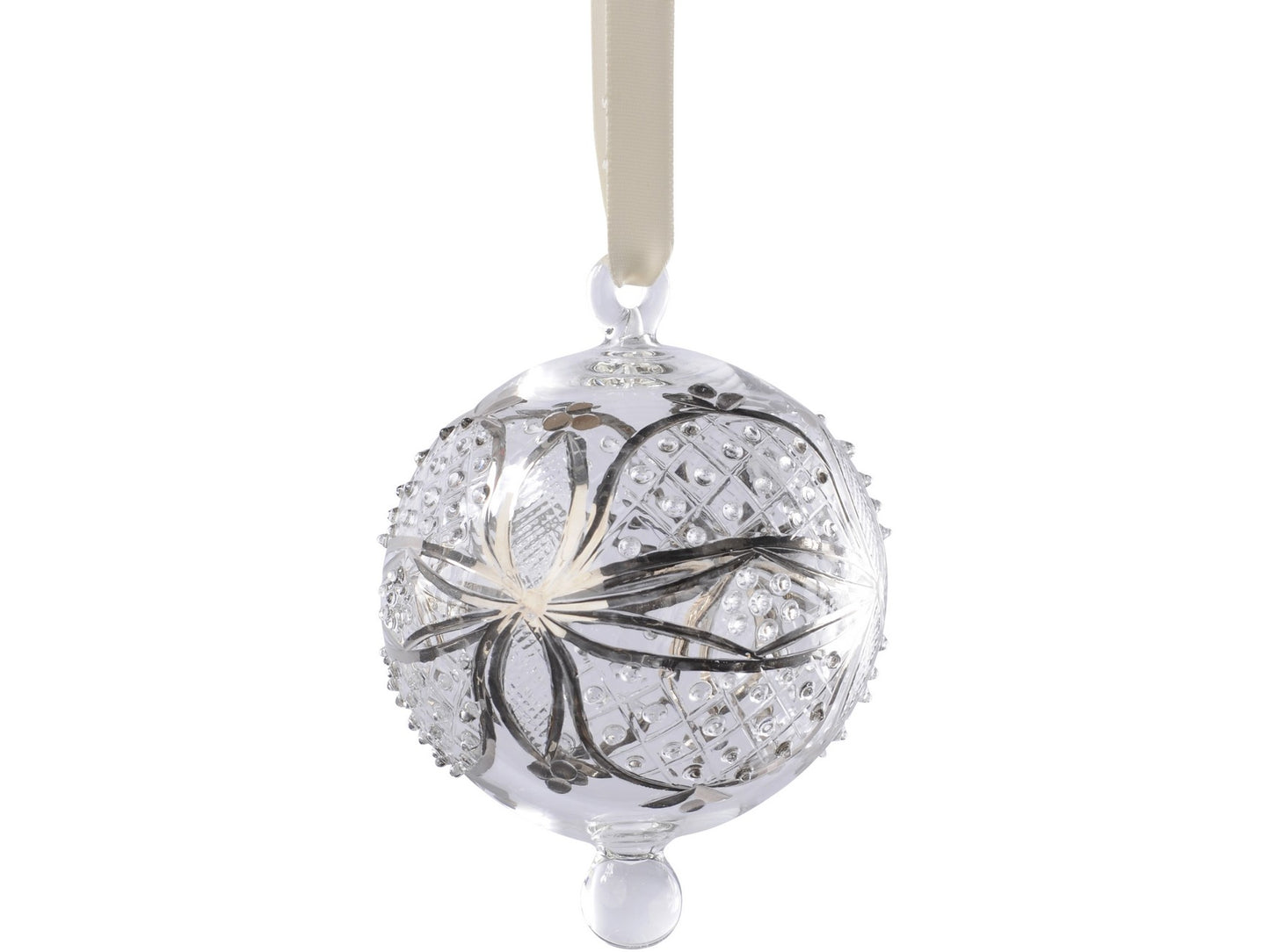 EX DISPLAY Hand Painted Platinum Glass Flower Design Round Bauble - Xmas