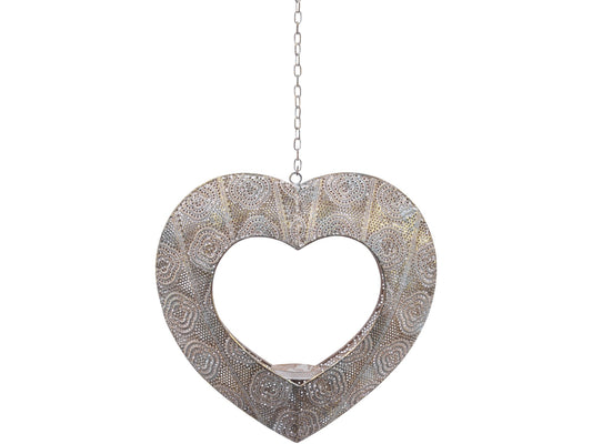 EX DISPLAY Filigree Large Light Silver Hanging Heart Tealight Holder - Xmas