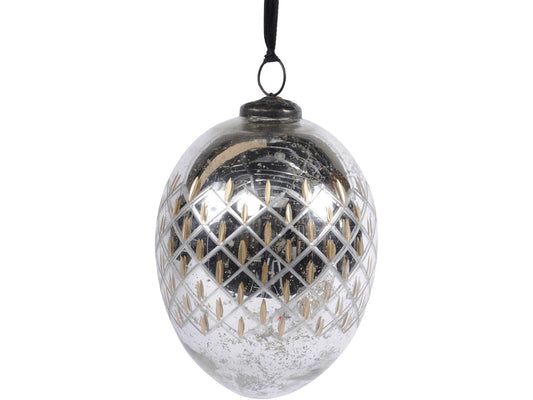 EX DISPLAY Oval Antique Silver Diamond Design Bauble - Xmas