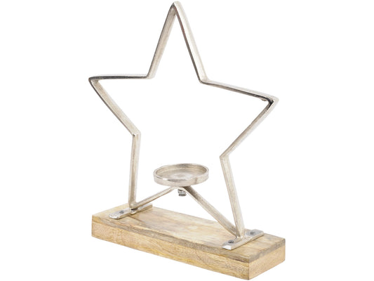 EX DISPLAY Large Star Tealight Holder On Wooden Base - Xmas