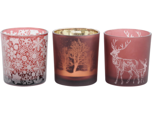 Festive Red Small Set Of 3 Tealight Holders - Xmas