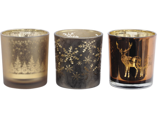 EX DISPLAY Festive Metallic Bronze Set Of 3 Tealight Holders - Xmas