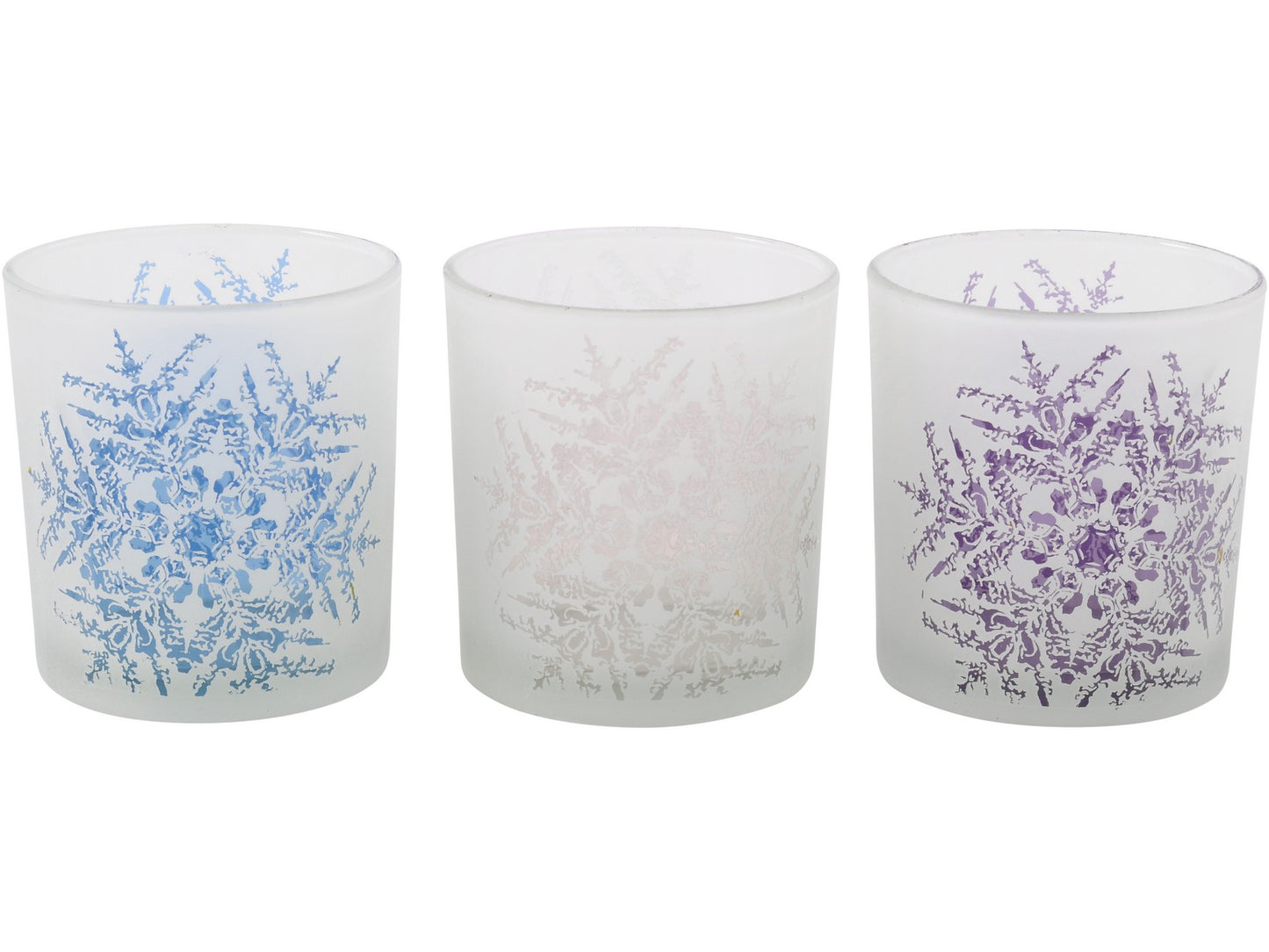 Festive Snowflake Blue, White And Purple Set Of 3 Tealight Holders - Xmas