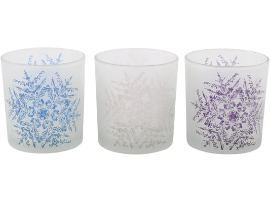 Festive Snowflake Blue, White And Purple Set Of 3 Tealight Holders - Xmas