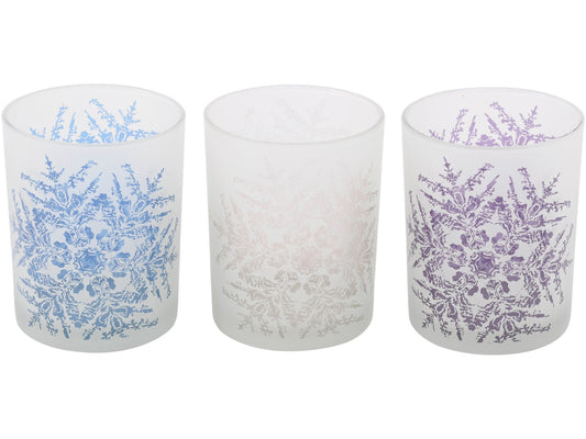 Festive Snowflake Blue, White And Purple Large Set Of 3 Votive Holders - Xmas