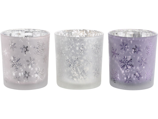 Festive Snowflake Pink, Purple And Blush Set Of 3 Tealight Holders - Xmas