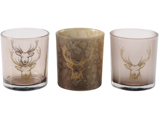 Festive Stag Bronze Set Of 3 Tealight Holders - Xmas