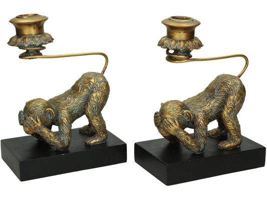 EX DISPLAY Monkey Set of 2 Candlesticks in Gold Finish Resin